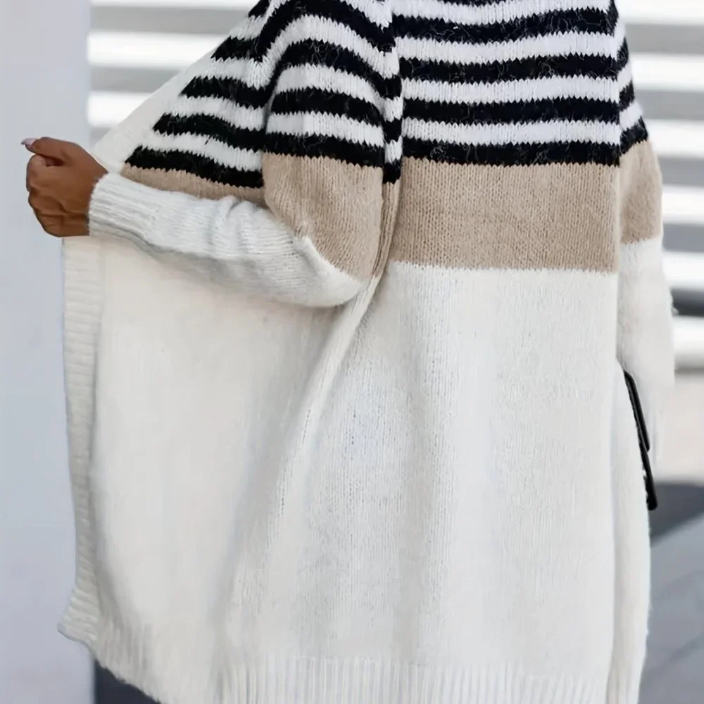 Casual Open Front Long Sleeve Color Block Mid Length Knit Cardigan - Picture 3 of 7